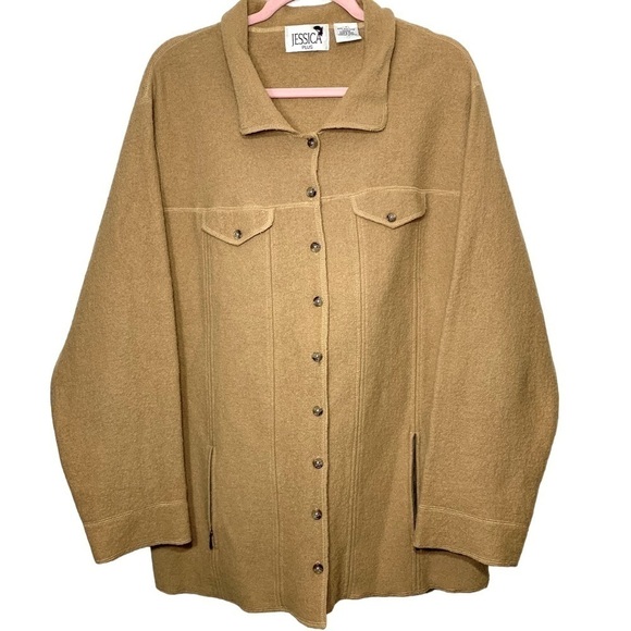 VINTAGE Tan Brown Wool Button Down Shacket Neutral Cardigan Sweater Pocket Sz 1X - Picture 2 of 11